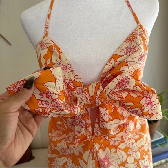J. CREW Tie Front 100% Cotton Poplin Midi Loose Fit Dress in Orange Floral Small - Picture 10 of 15
